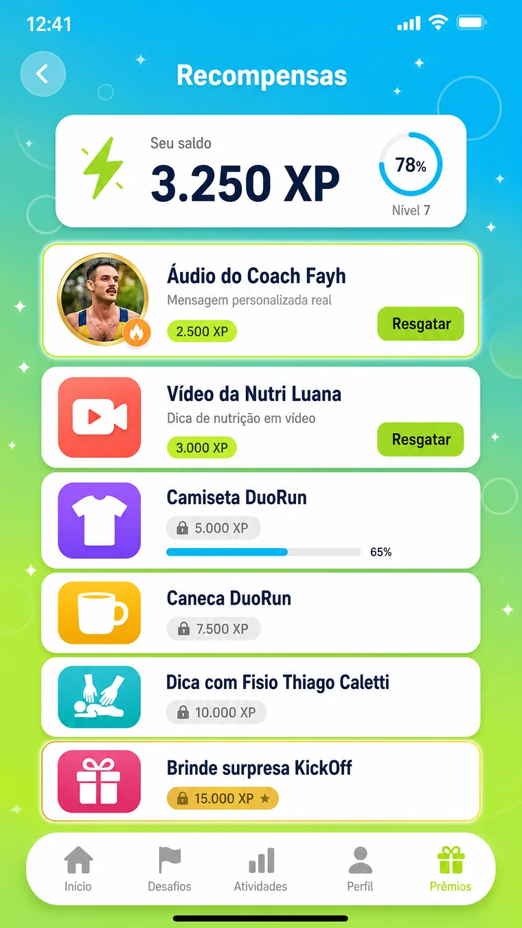 Tela de recompensas do PapaRun com saldo de pontos